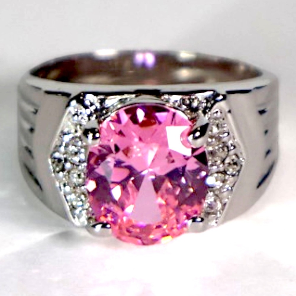 Swarovski Crystal Pink Oval Statement Ring Sterling Silver Overlay Size 8 NEW